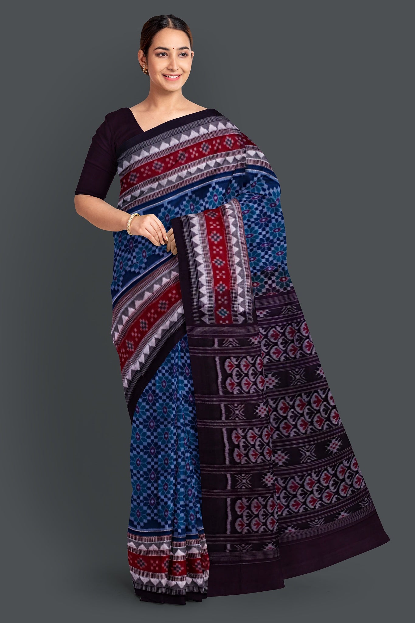 Royal Blue Double Border Bandha Saree