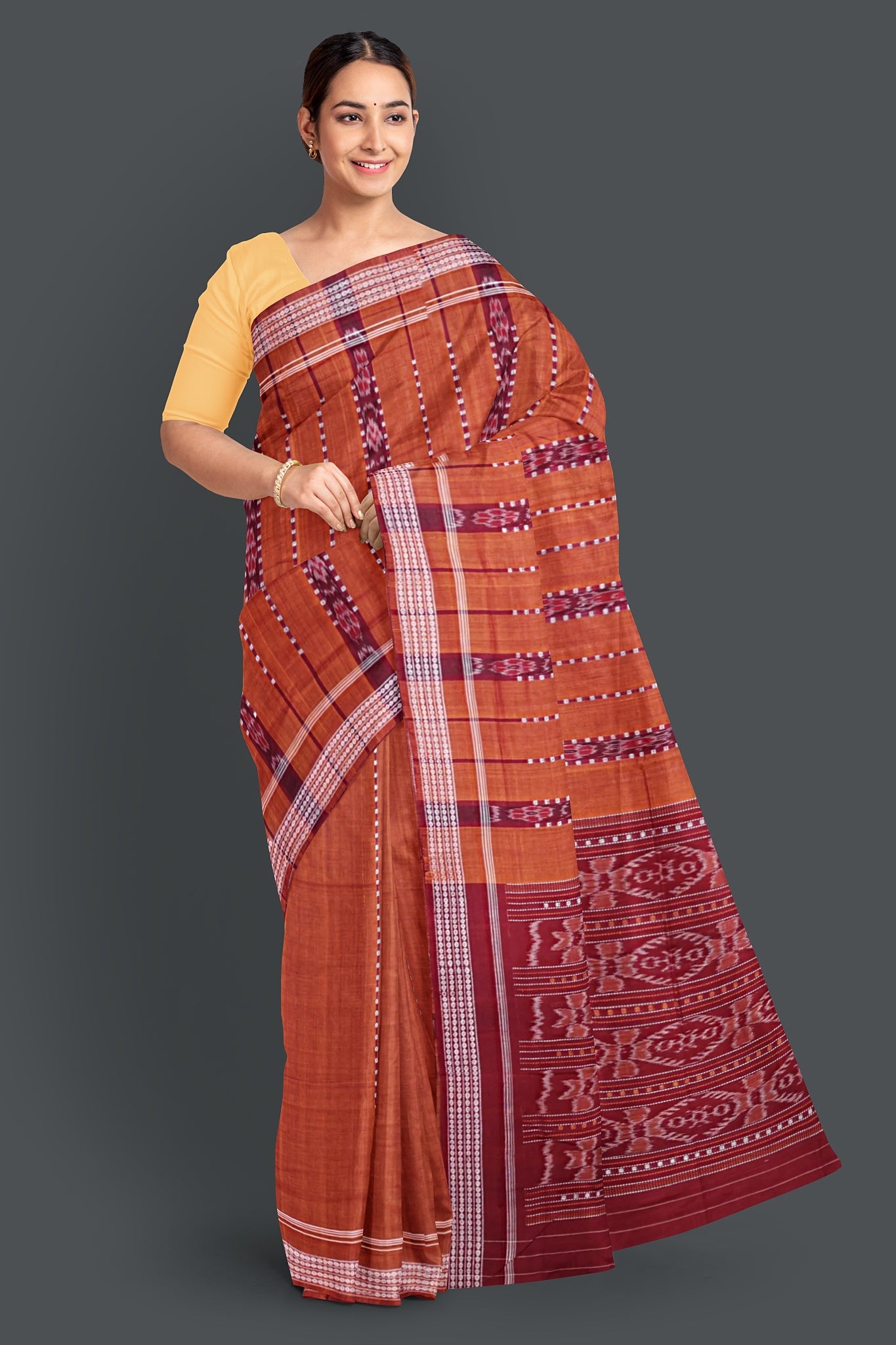 Brown And Maroon Bomkai Line Butti Saree