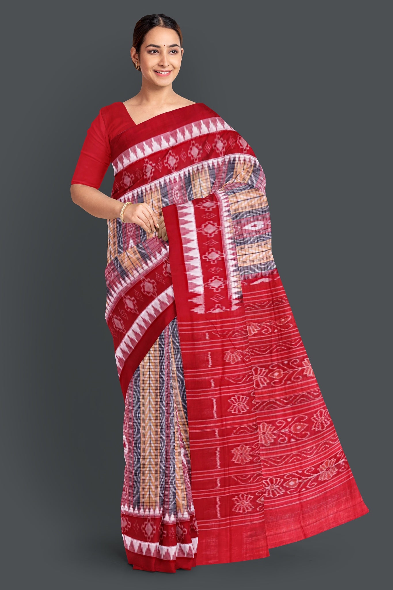Yellow, Red And Black Body Bandha Saree