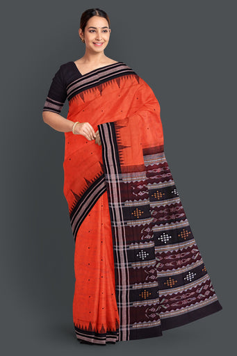 Orange Temple Border Cotton Bapta Saree