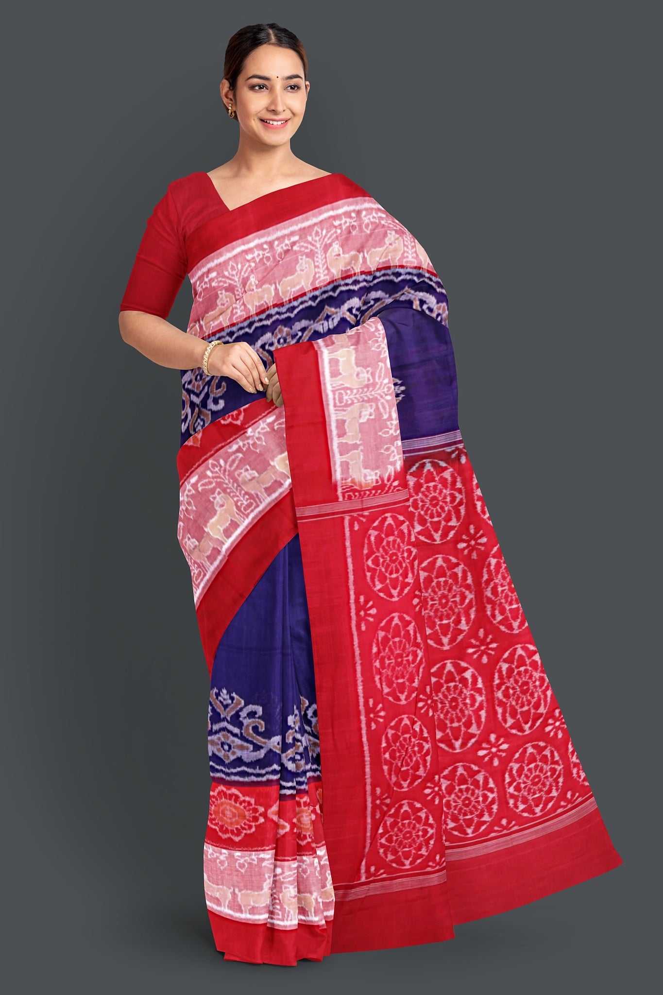 Navy Blue Double Border Bandha Saree