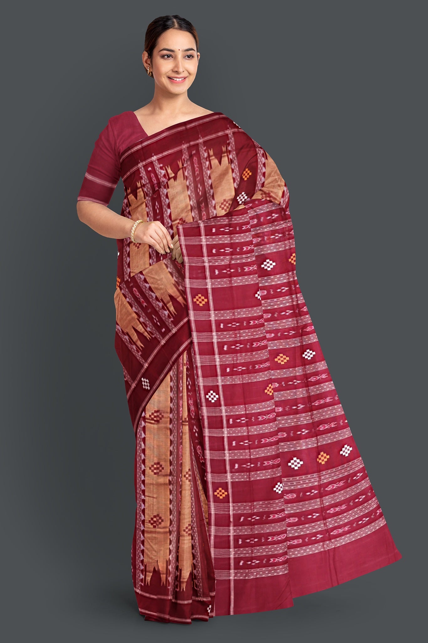 Maroon And Golden Pata Bapta Saree