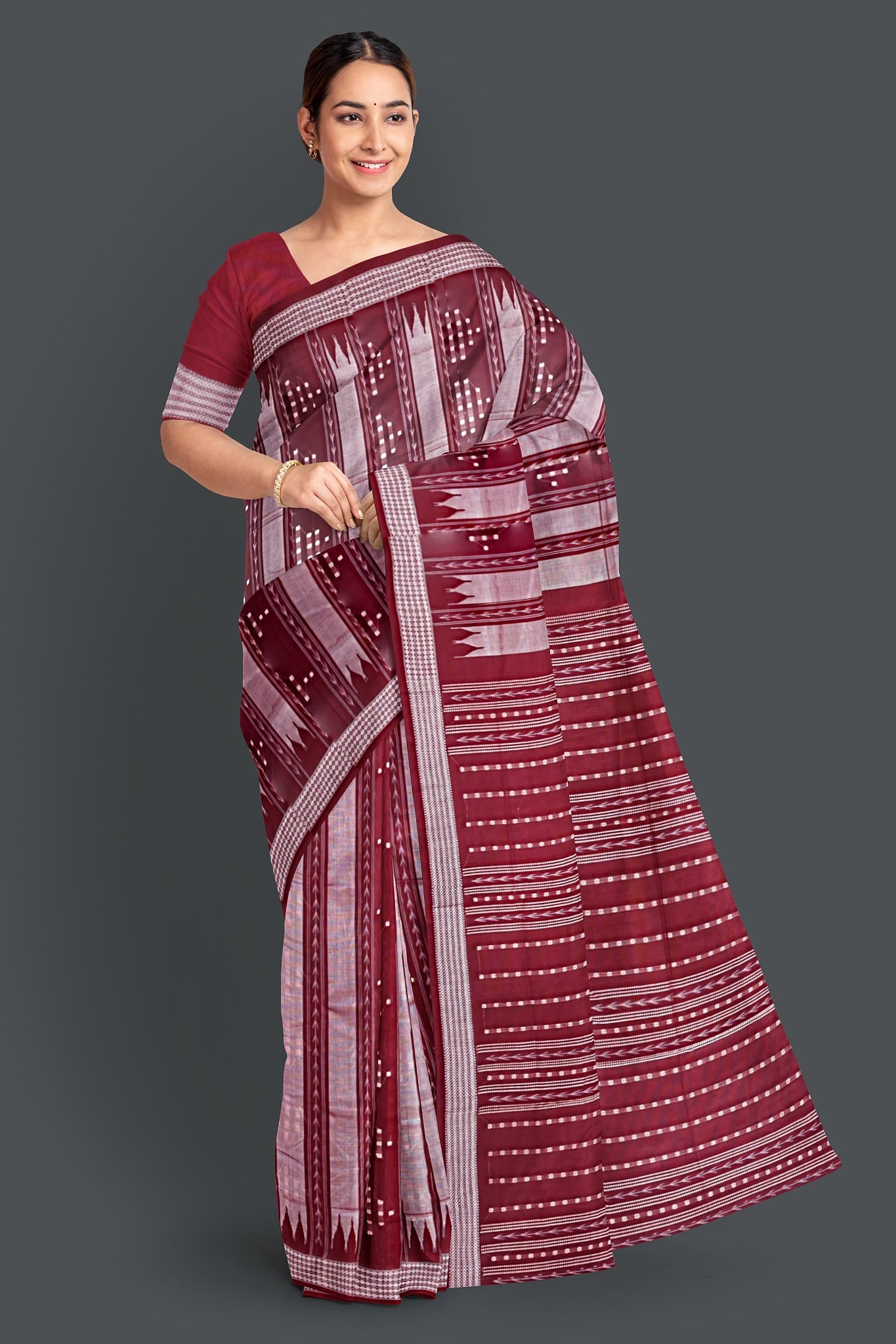 Maroon And Silver Pata Bapta Saree