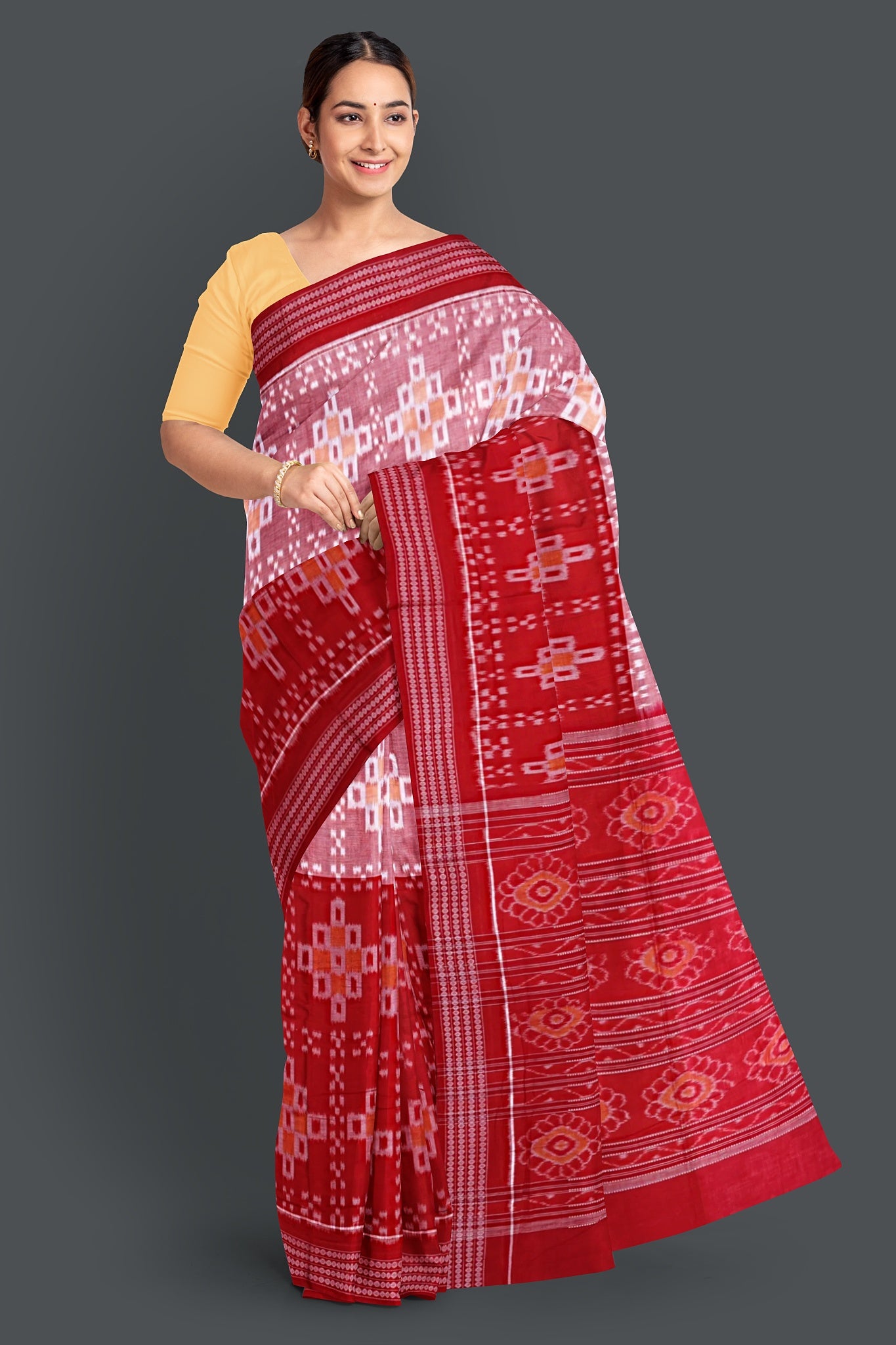 Red And Yellow Half Half Paper Bandha Saree