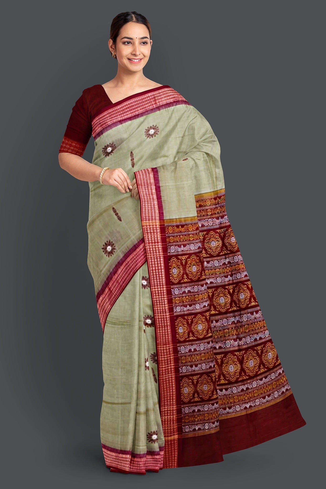 Grey Green Bomkai Saree