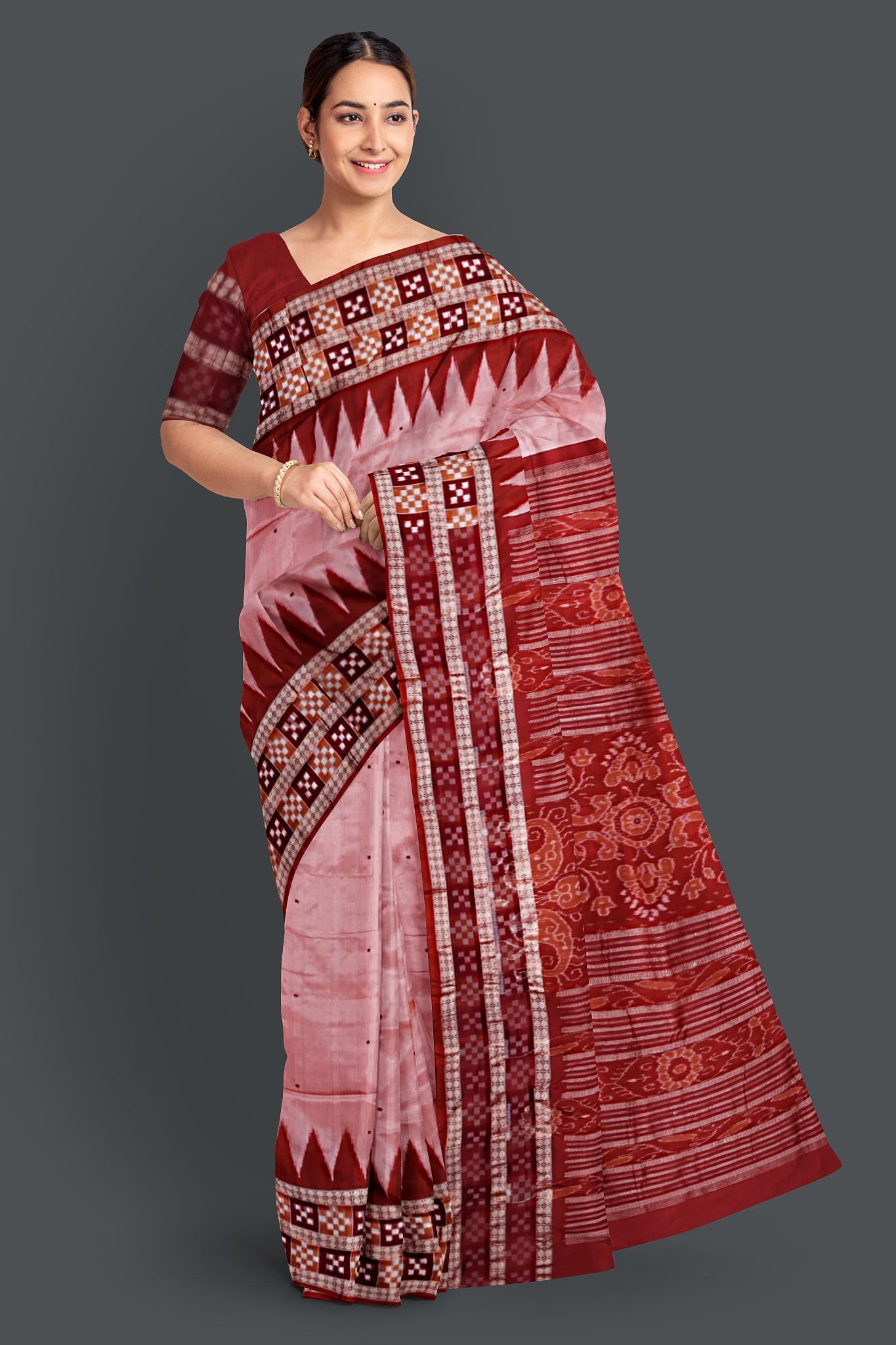 Peach Border Pasapalli Buti Bomkai Saree