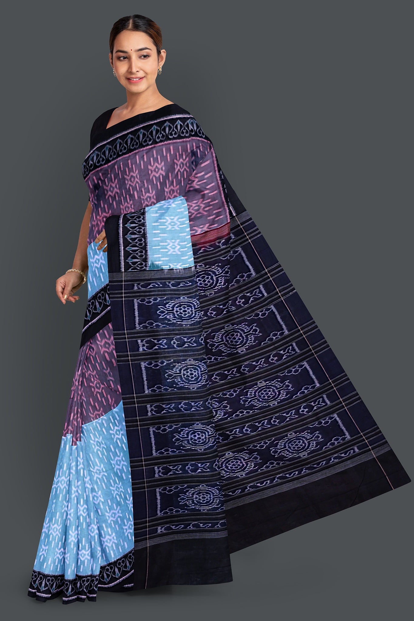 Light Aquamarine Half Half Bandha Saree(With Out Blouse)