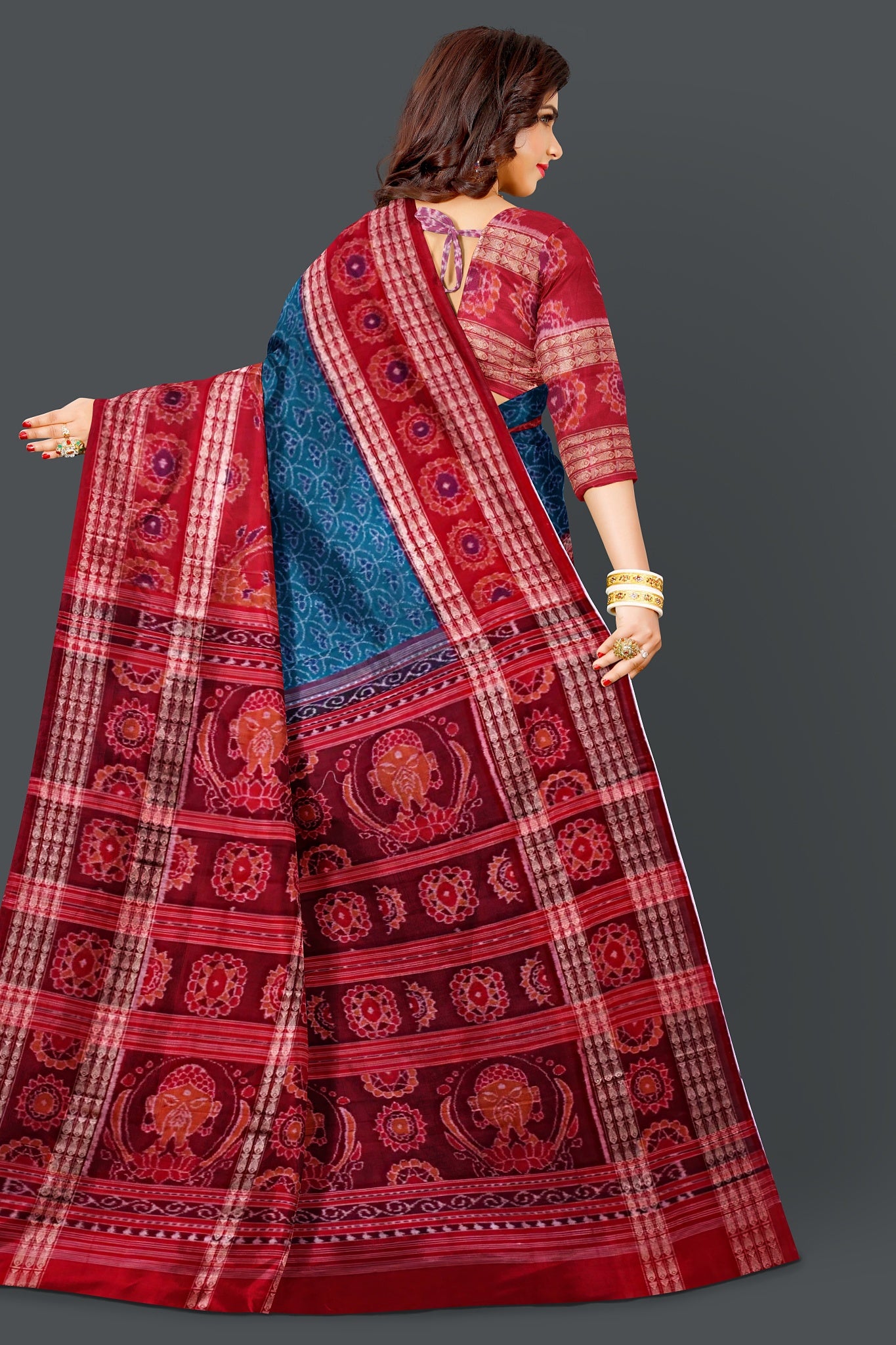Dark Cyan Namaskar Bandha Saree