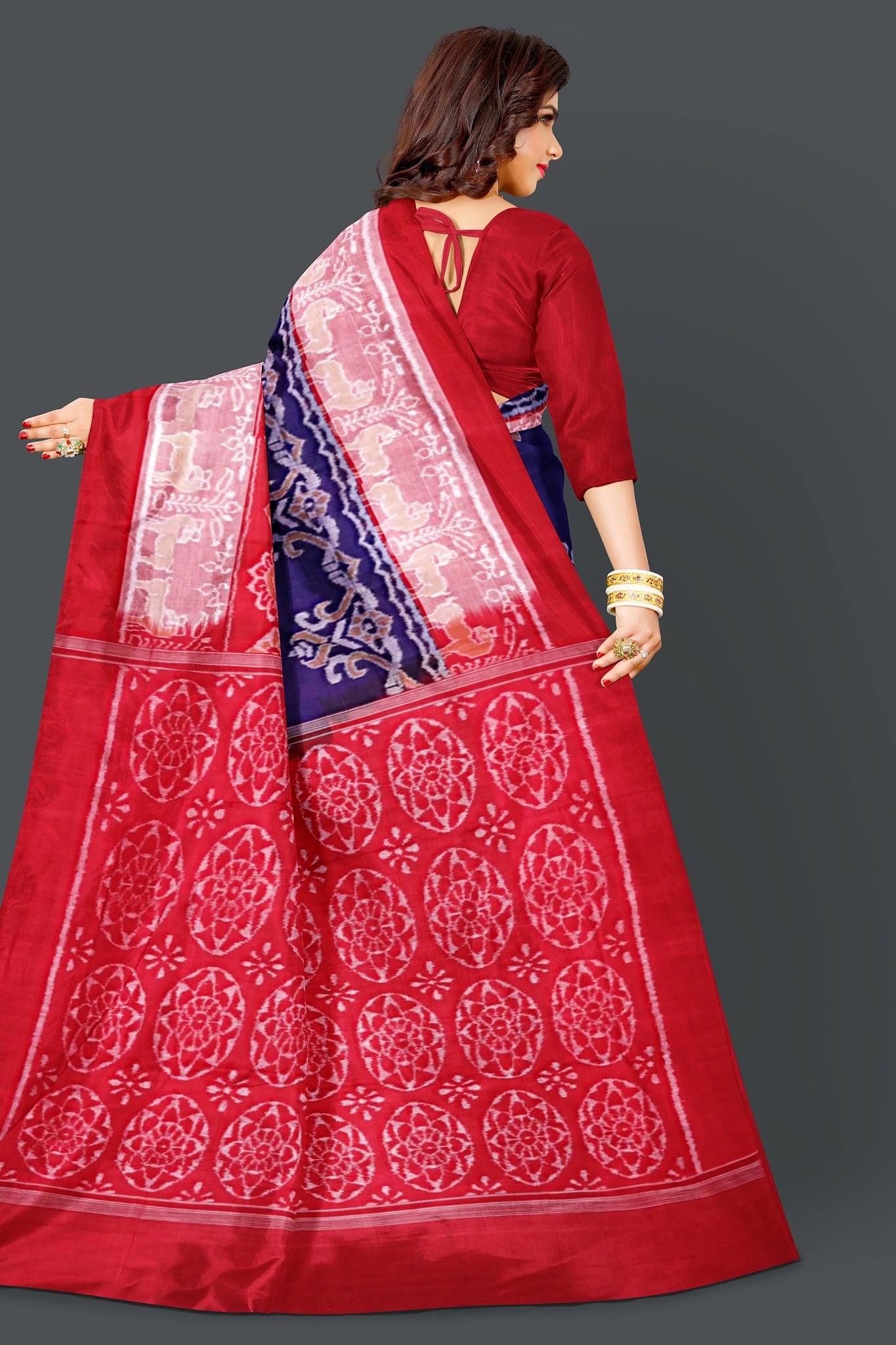 Navy Blue Double Border Bandha Saree