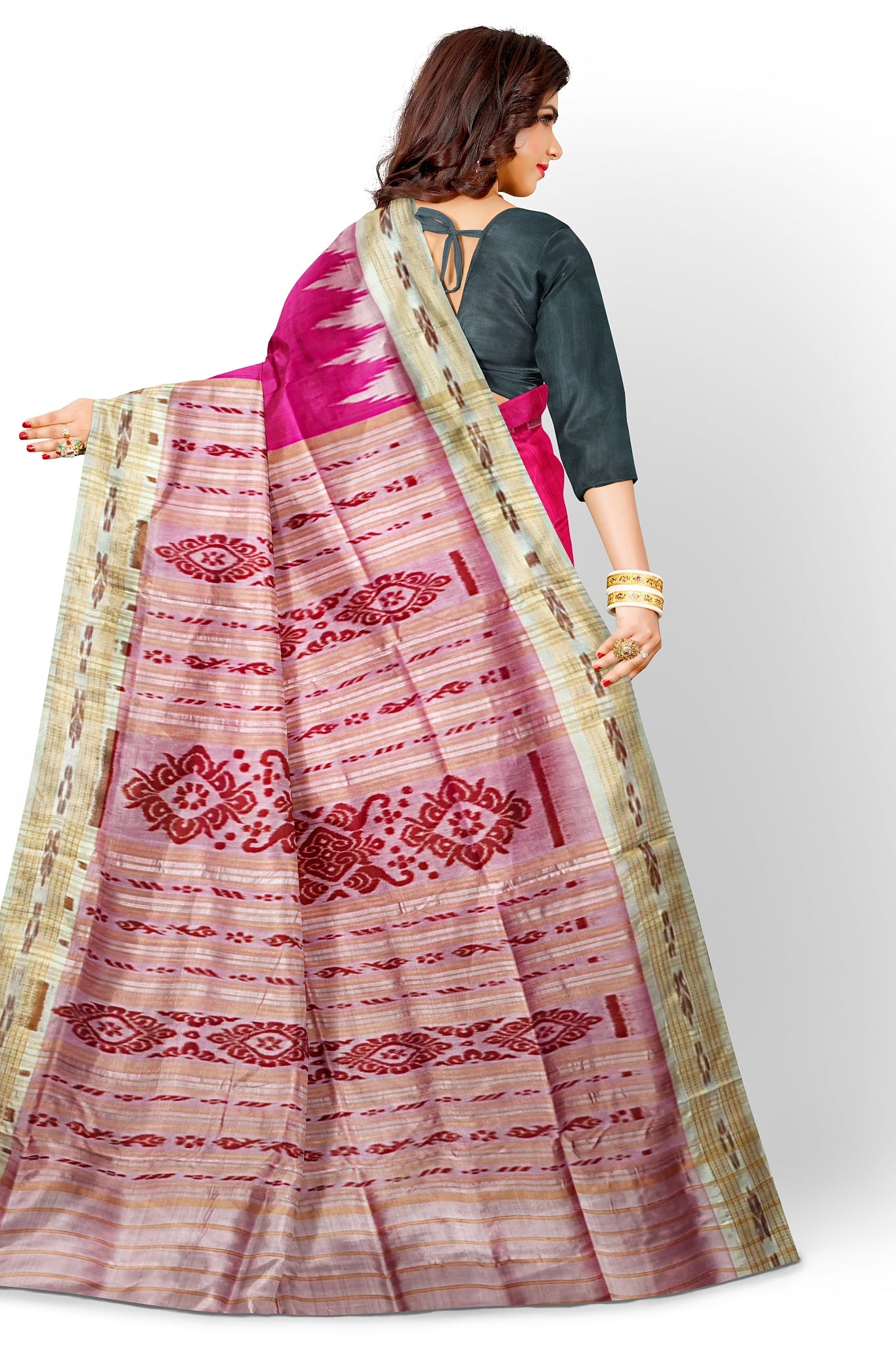 Hot Pink Big Temple Border Khandua Pata Saree