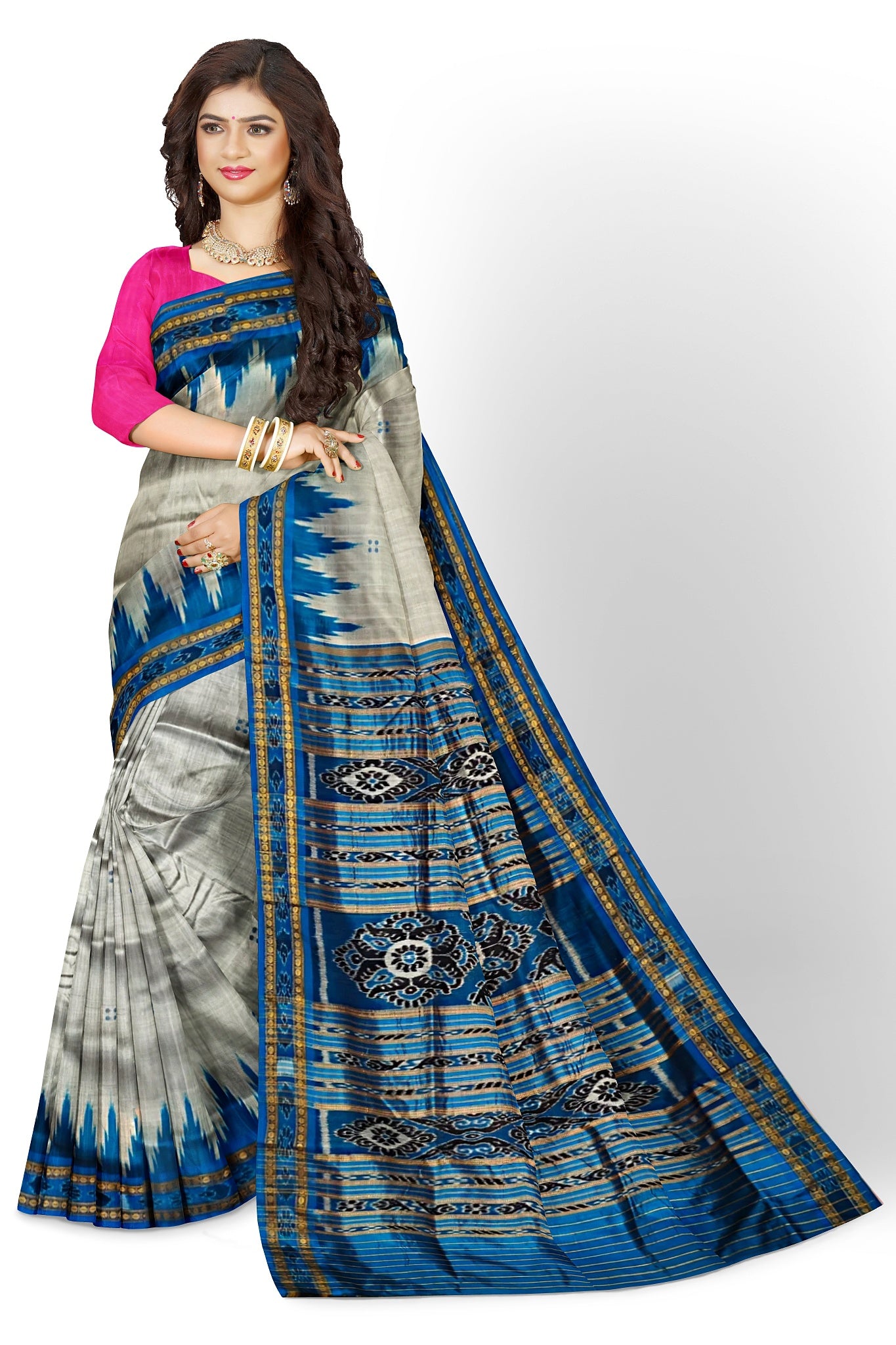 Silver Big Temple Border Khandua Pata Saree