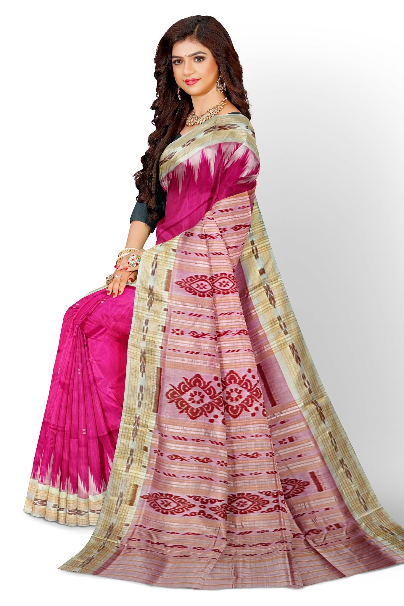 Hot Pink Big Temple Border Khandua Pata Saree