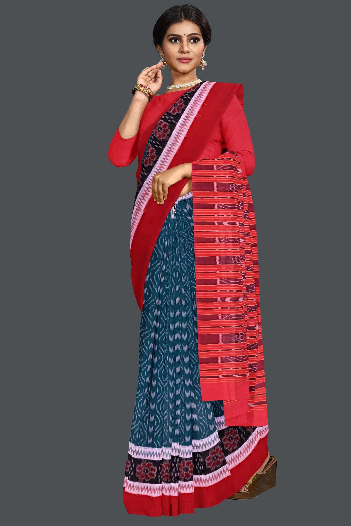 Sea Green Double Border Bandha Saree