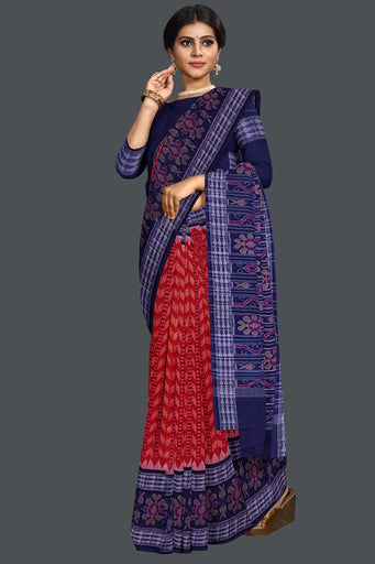 Deep Red Blue Border Khajuri Pati Bandha Saree