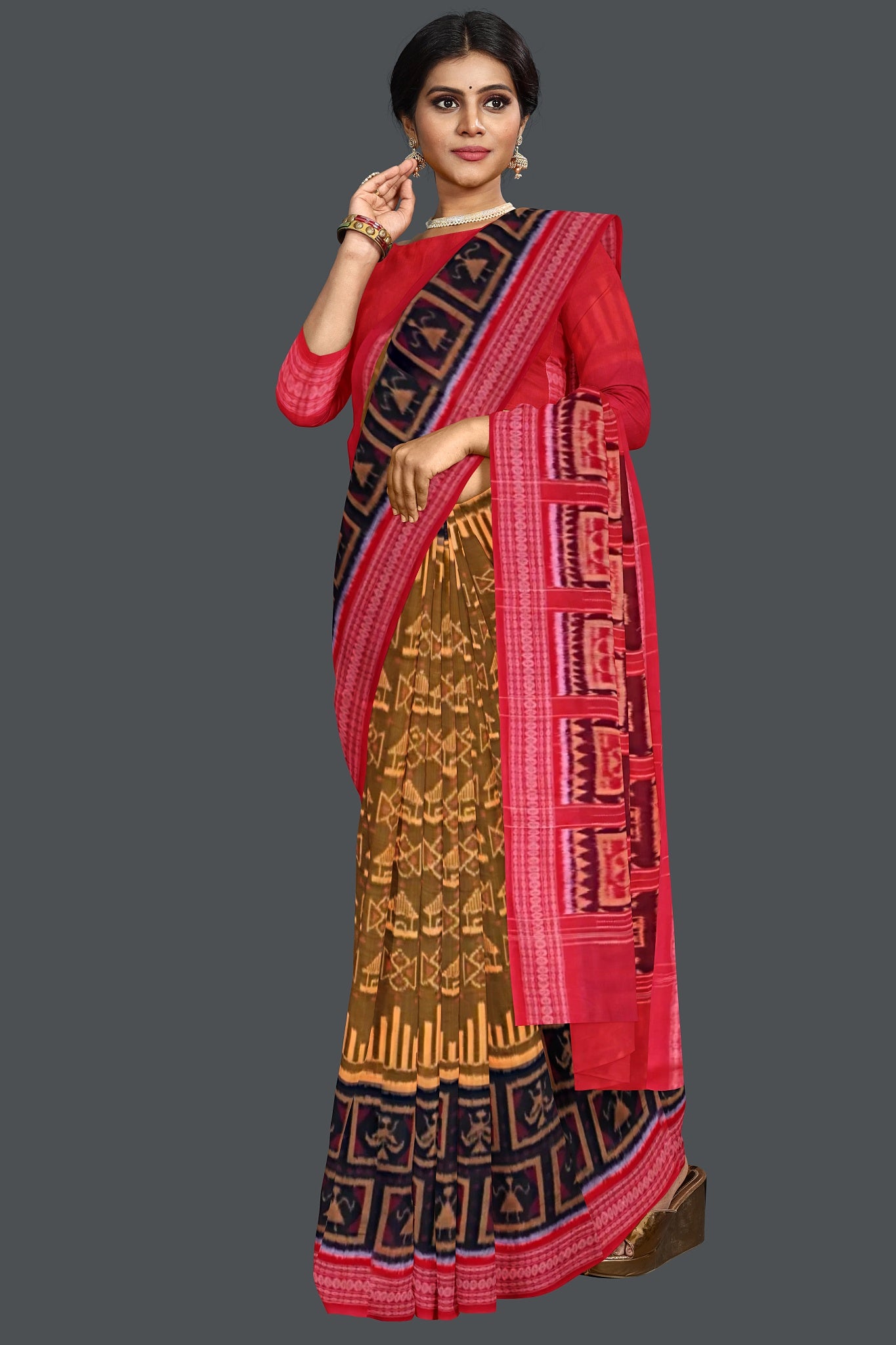 Golden Brown Big Border Bandha Saree