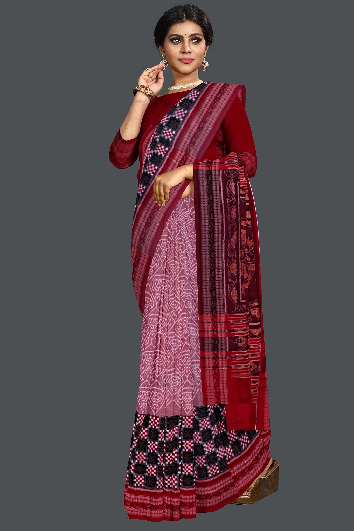 White And Dusty Rose Big Border Bandha Saree
