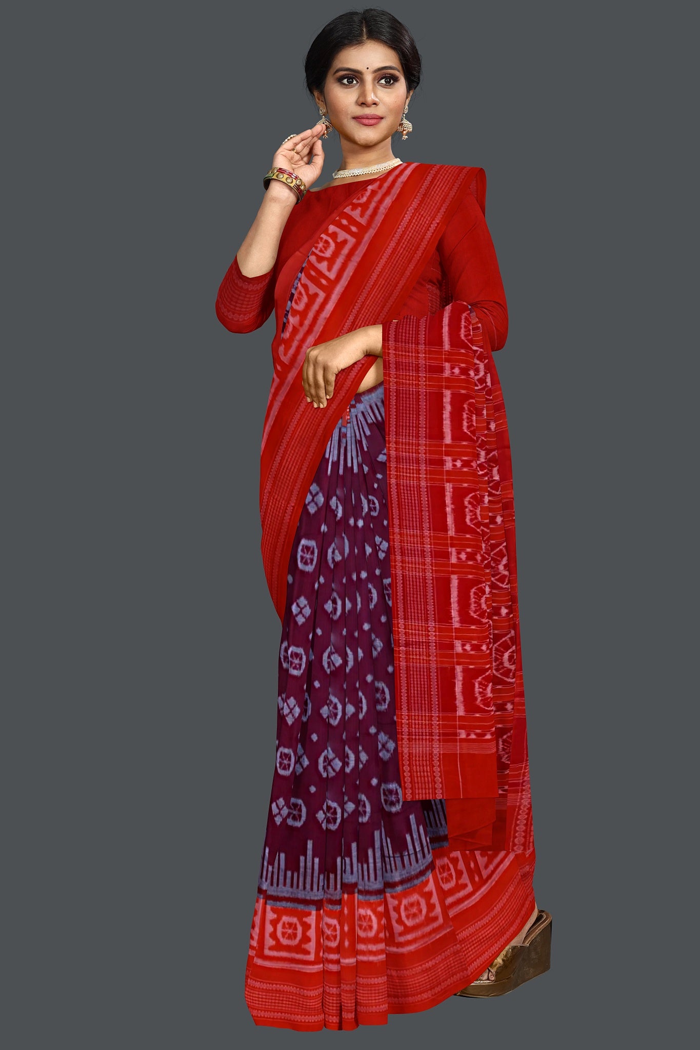 Dark Maroon Big Border Bandha Saree