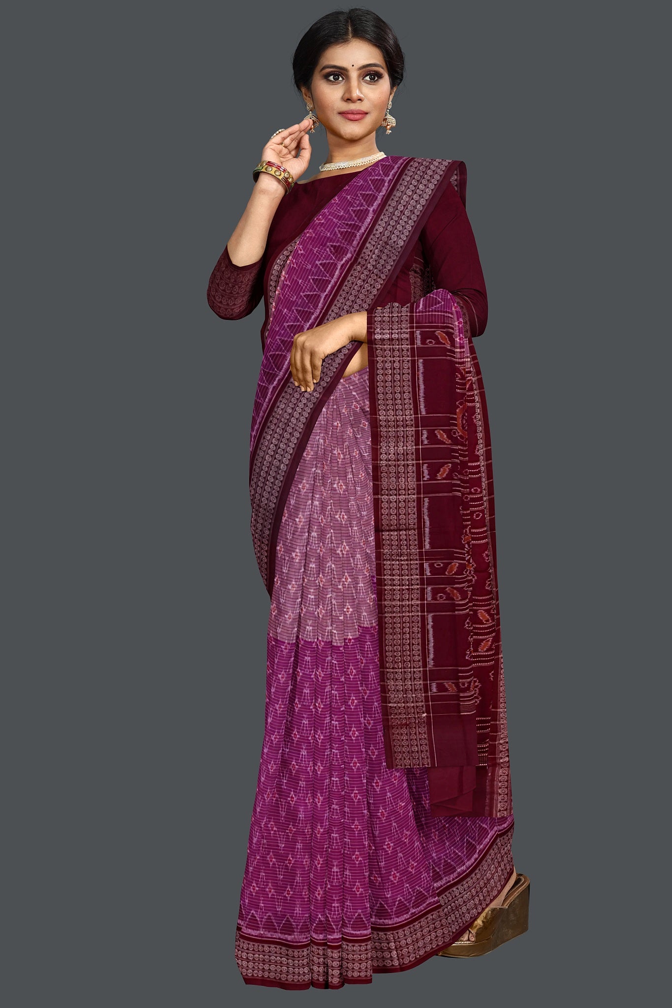 Magenta Half Half Bandha Saree(With Blouse)