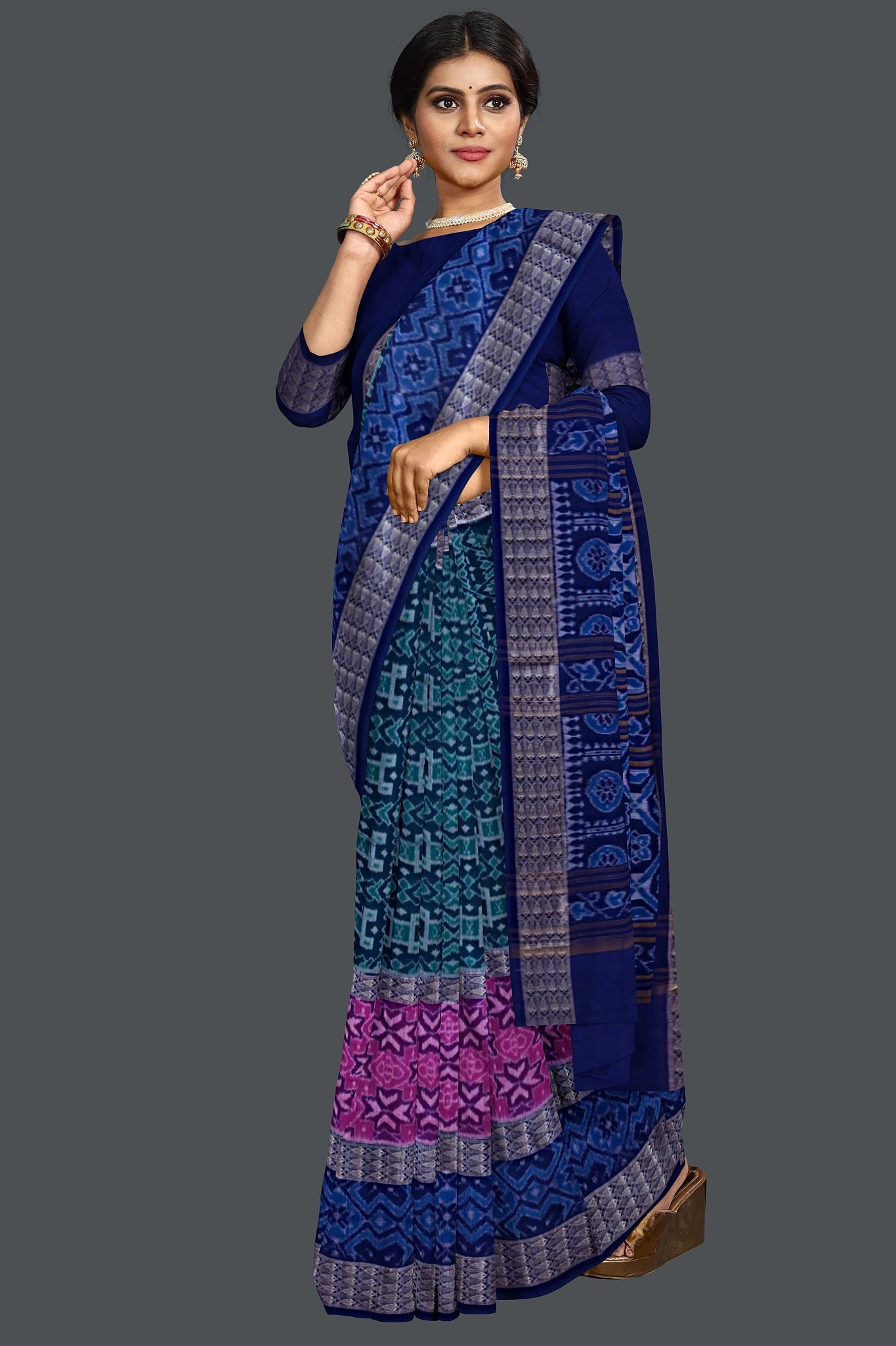 Green Blue Double Border Bandha Saree