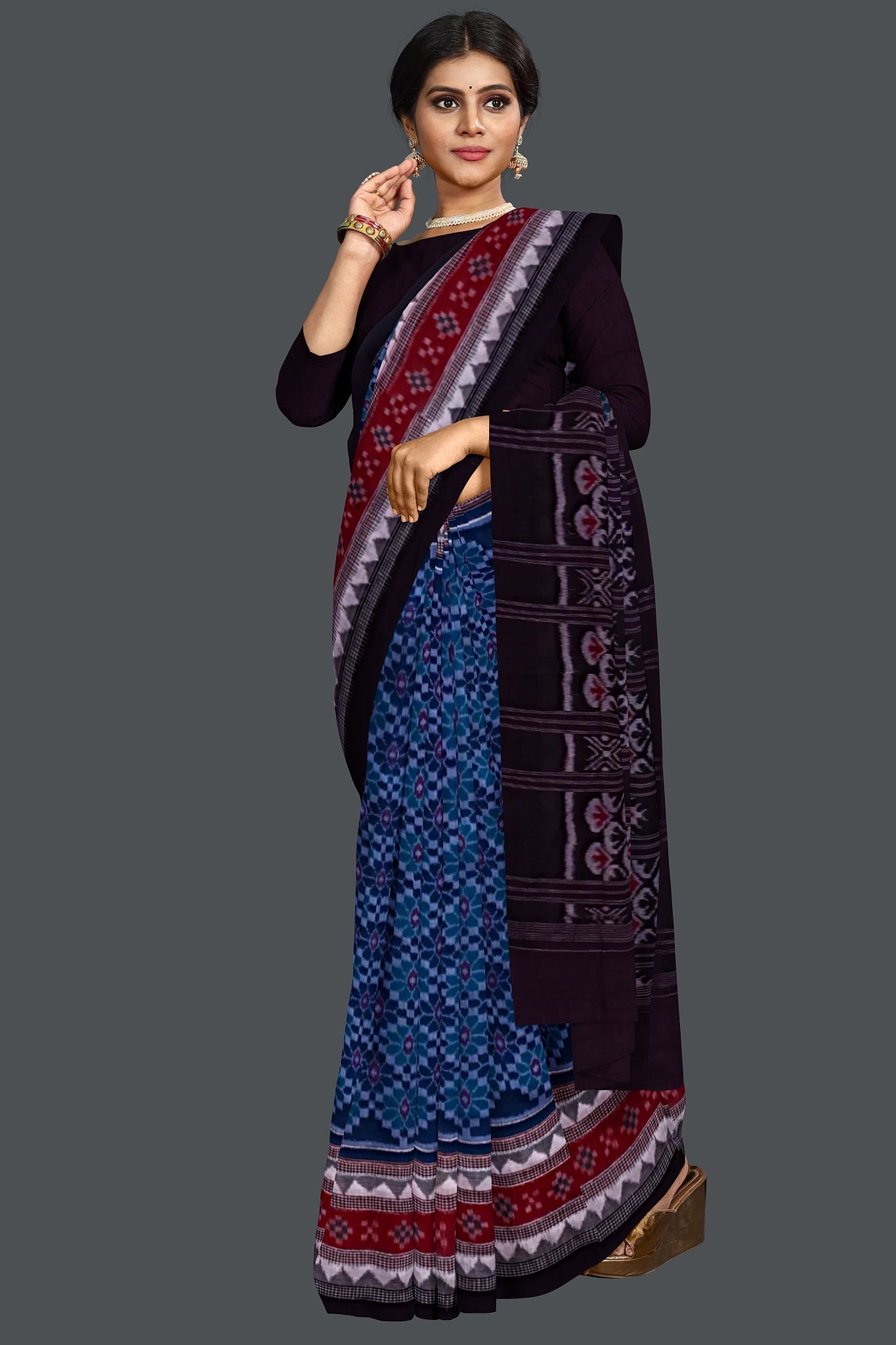 Royal Blue Double Border Bandha Saree