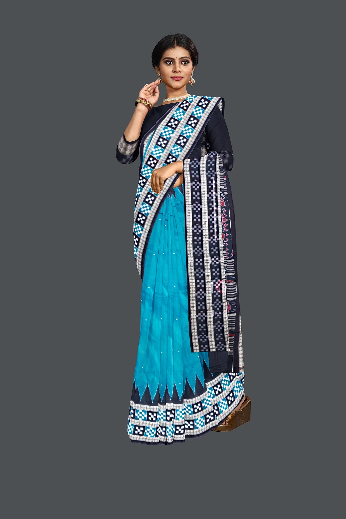 Dark Teal  Border Pasapalli Buti Bomkai Saree