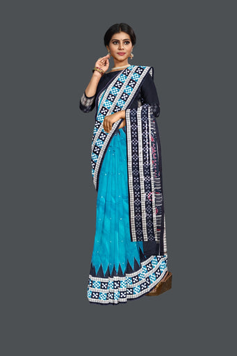 Dark Teal  Border Pasapalli Buti Bomkai Saree