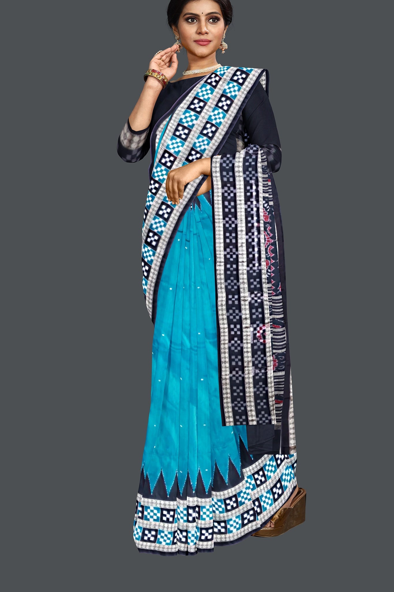 Dark Teal  Border Pasapalli Buti Bomkai Saree