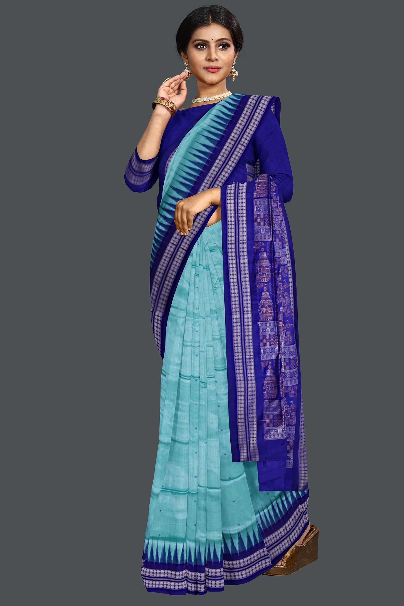 Dark Cyan Bomkai Butti Sambalapuri Saree
