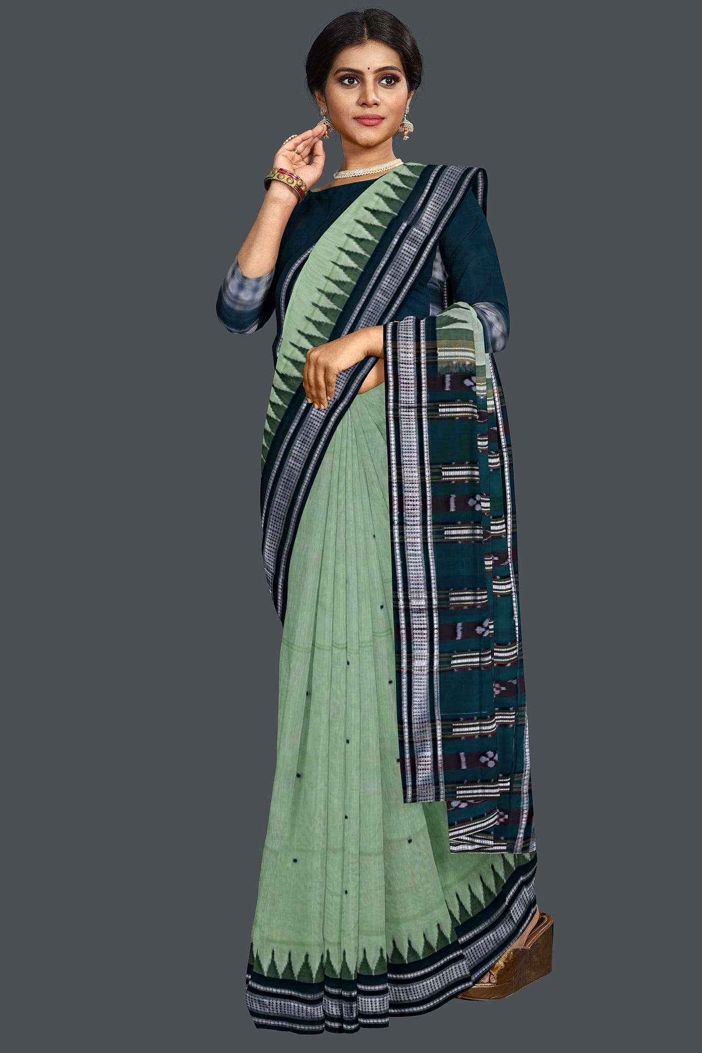 Light Green Temple Border Cotton Bapta Saree