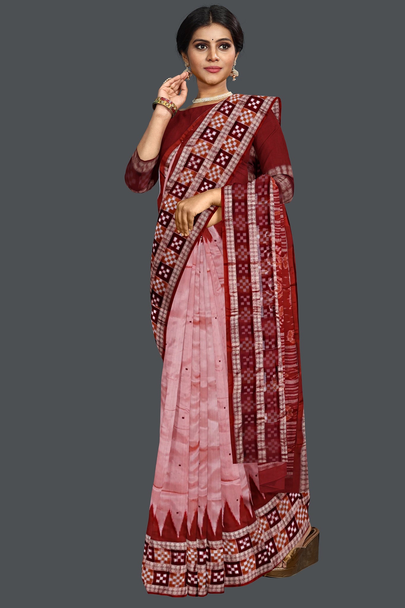 Peach Border Pasapalli Buti Bomkai Saree