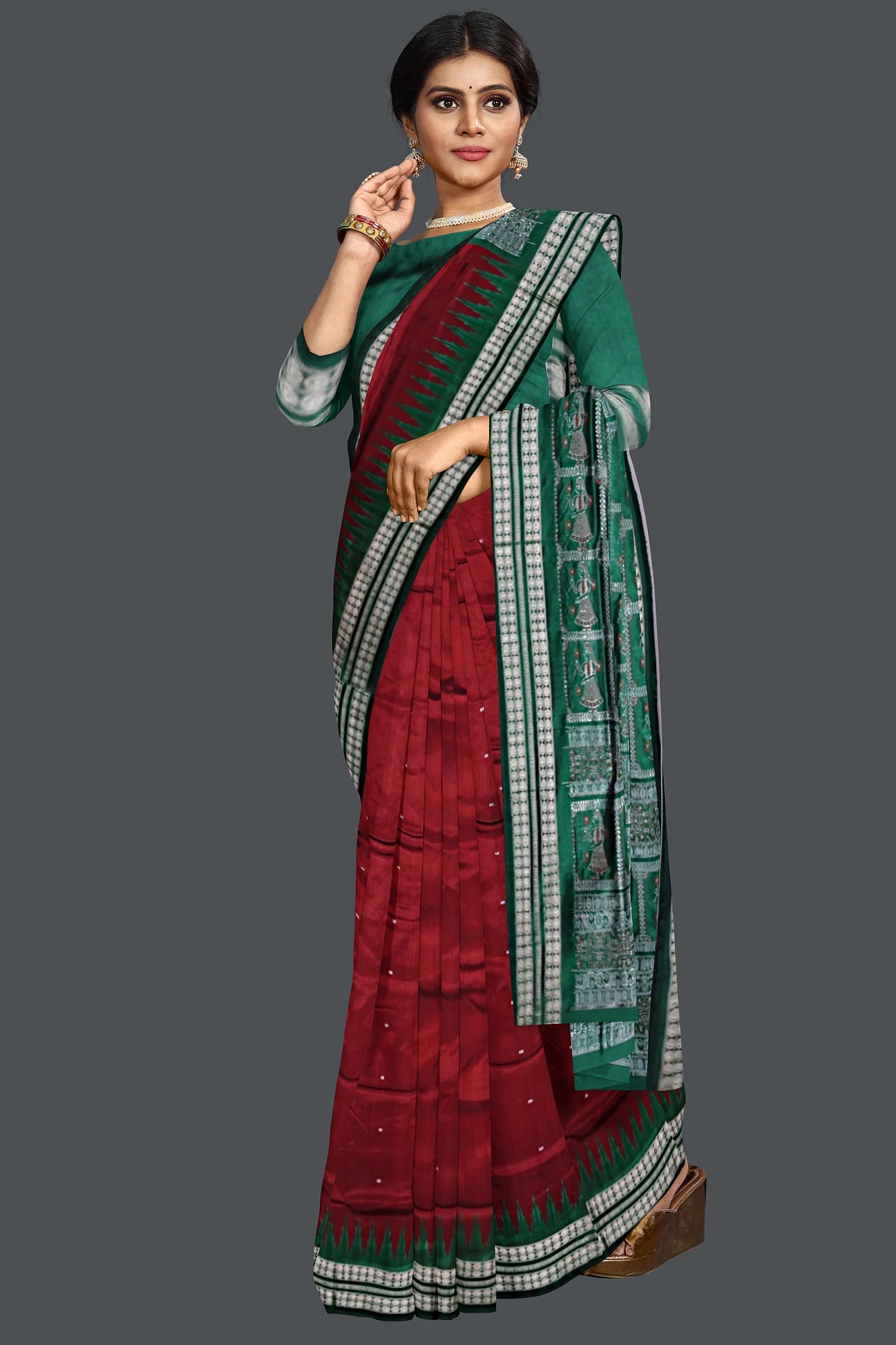 Dark Maroon With Forest Green Bomkai Butti Saree