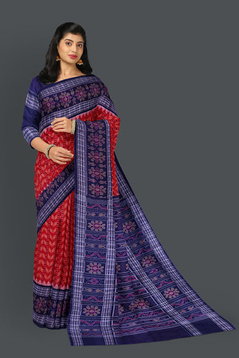 Deep Red Blue Border Khajuri Pati Bandha Saree