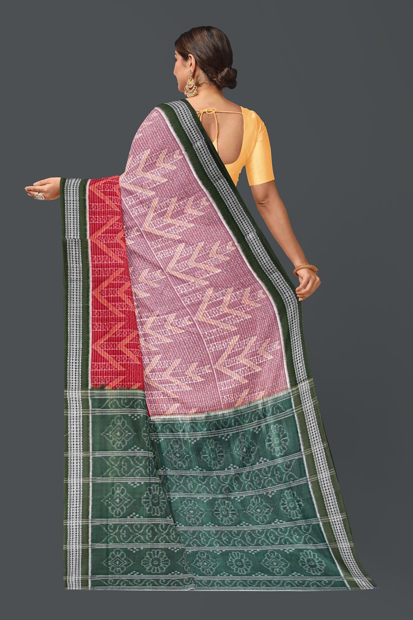 Red And White Body With Olive Green Body Bandha Saree(With Out Blouse)