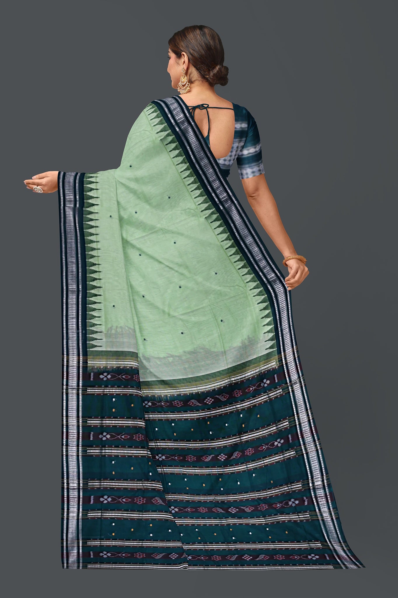 Light Green Temple Border Cotton Bapta Saree