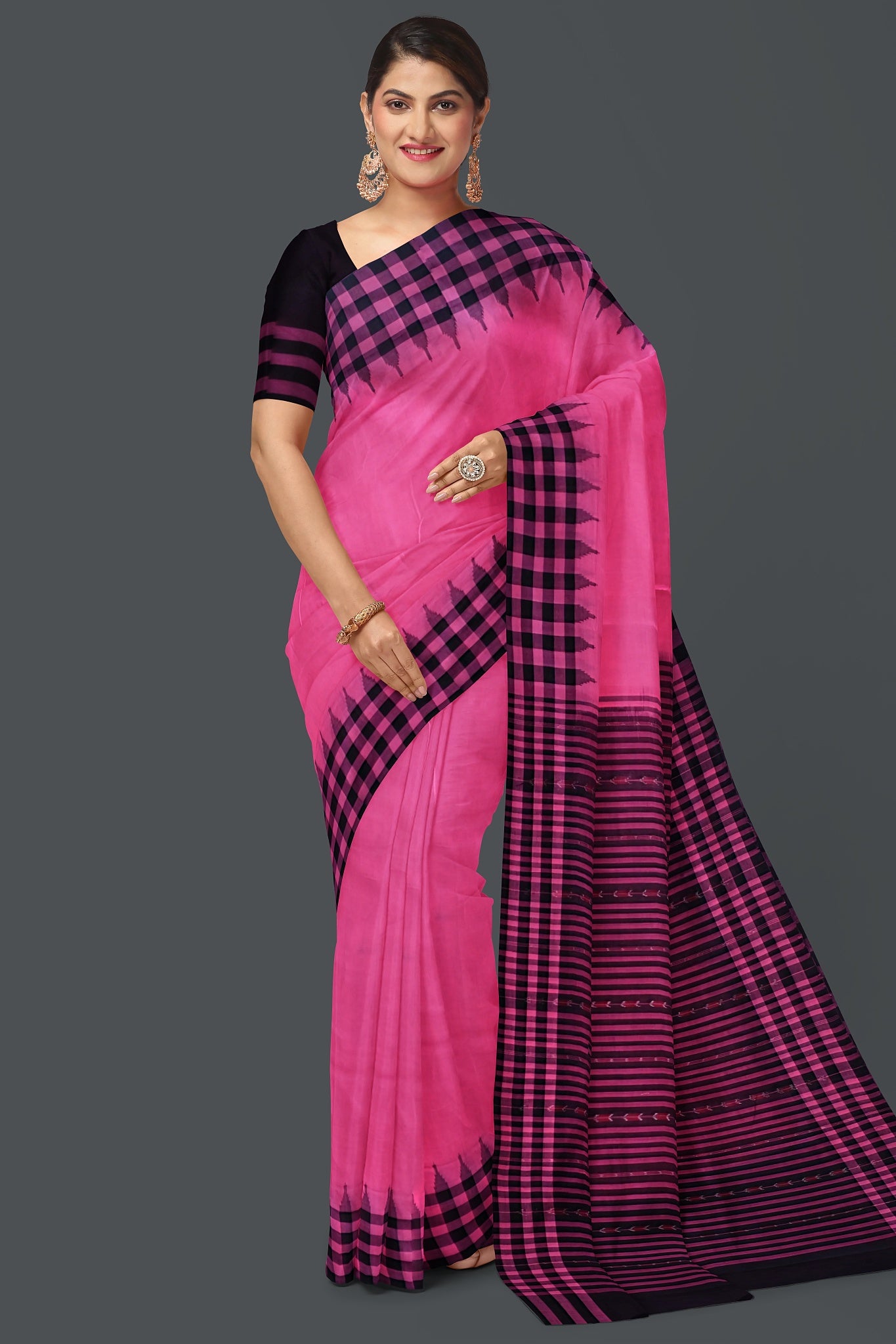 Pink  Up School Saree(Temple Border)