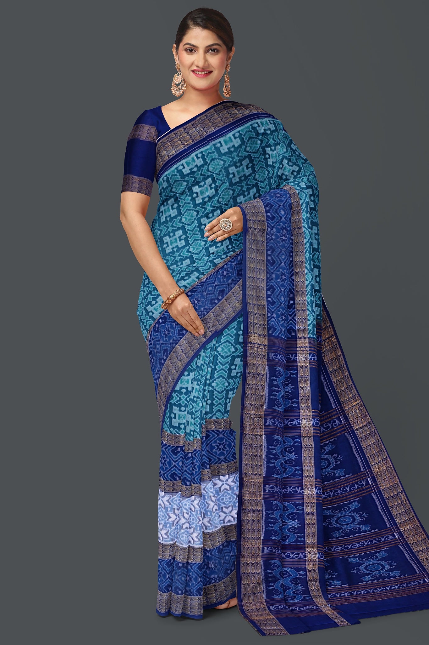 Cyan Double Border Bandha Saree