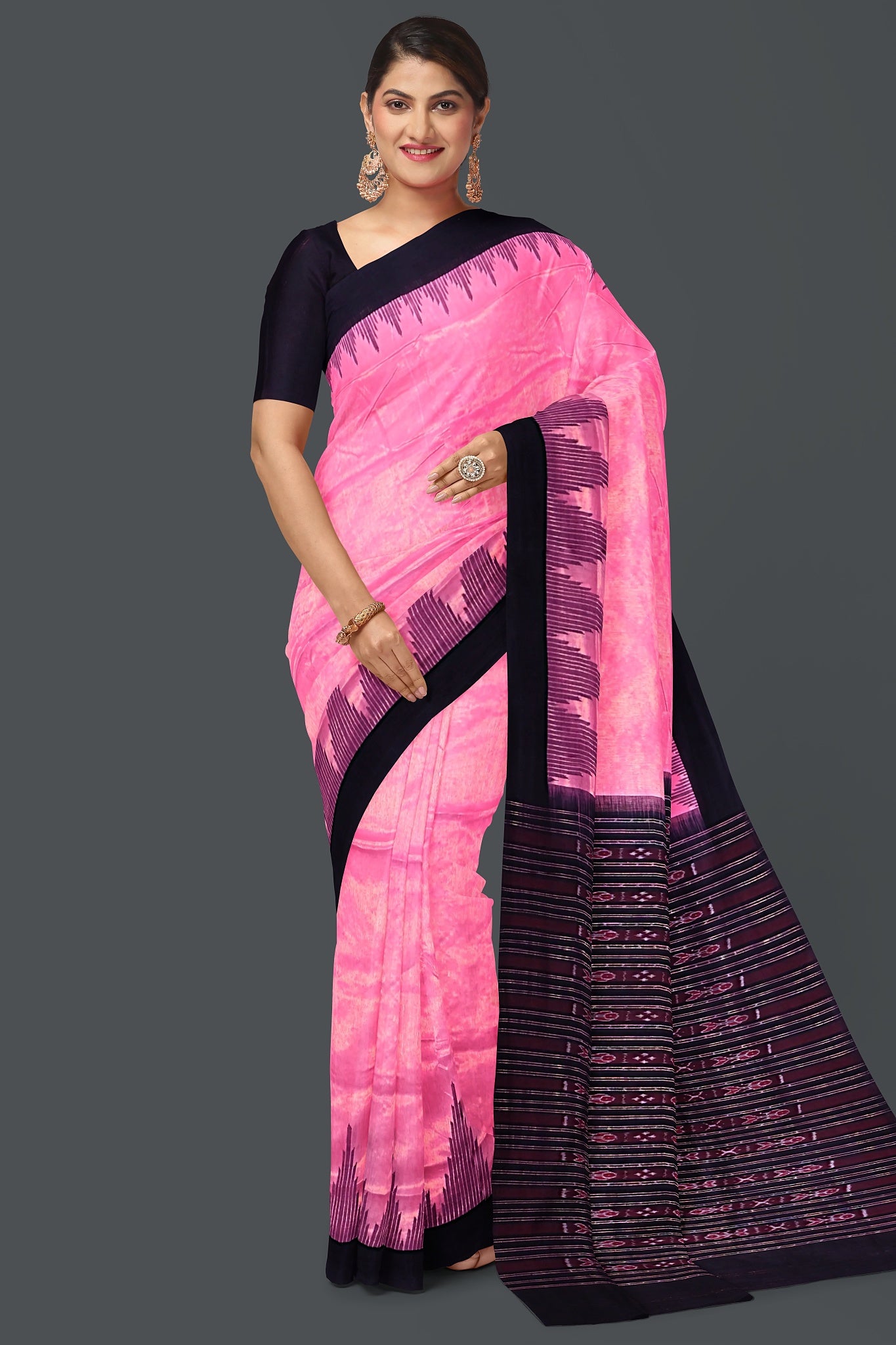 Pink Black Up School Saree(Temple Border)