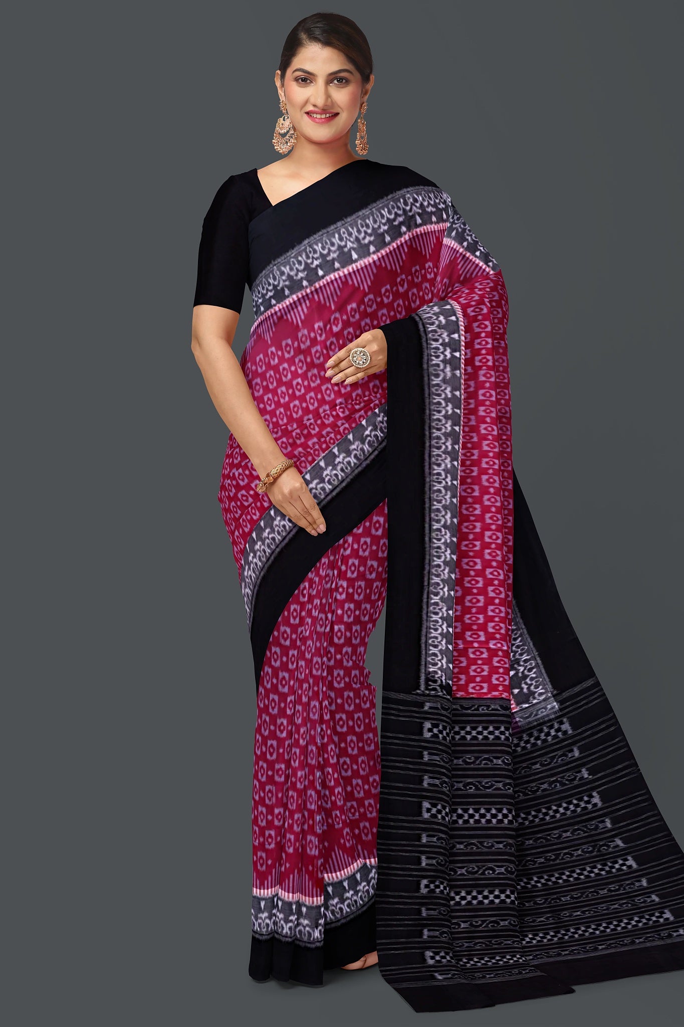 White Double Border Bandha Saree