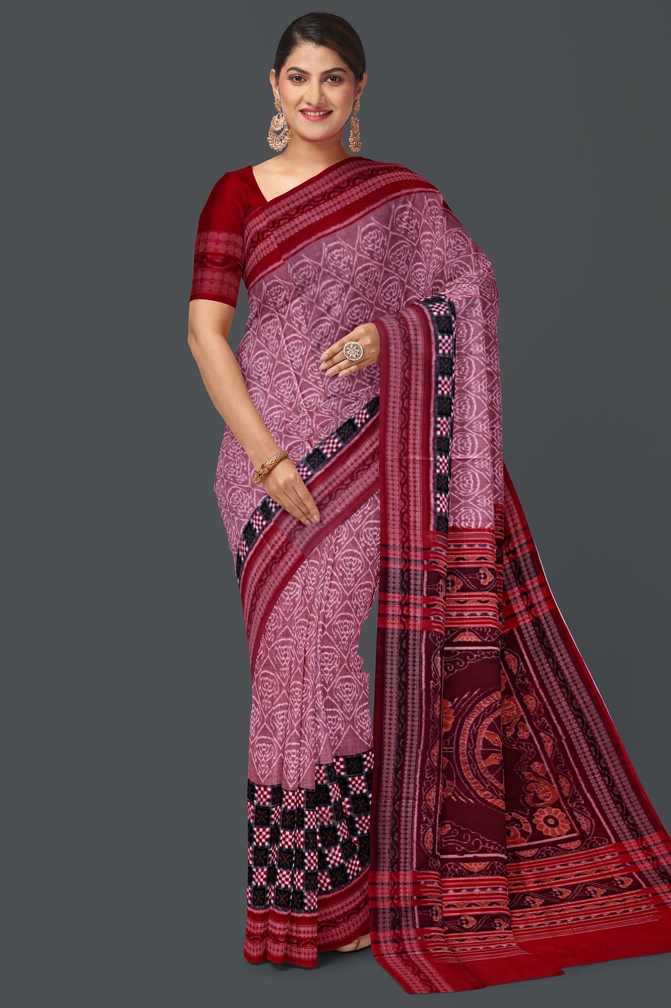 White And Dusty Rose Big Border Bandha Saree