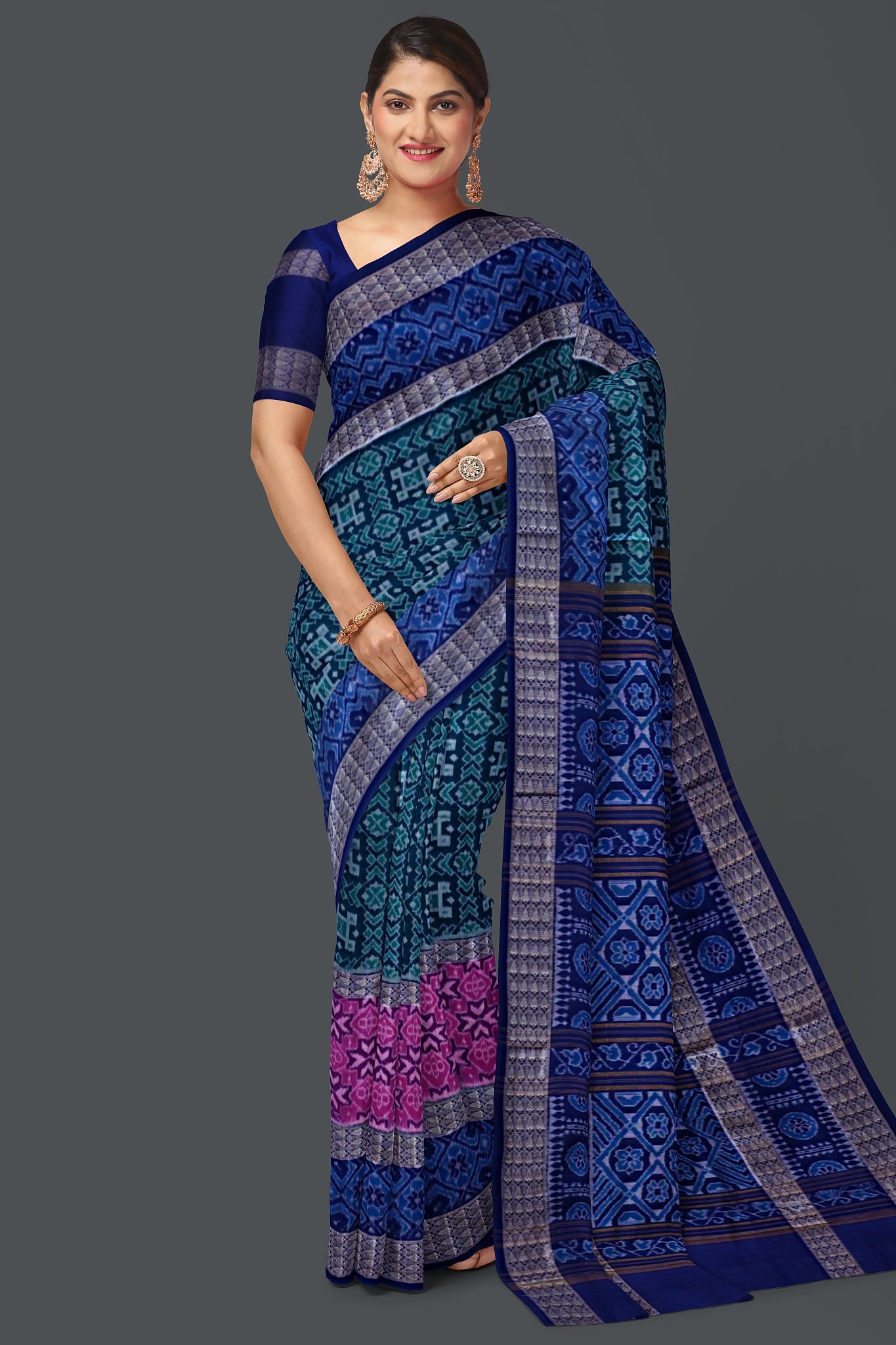 Green Blue Double Border Bandha Saree