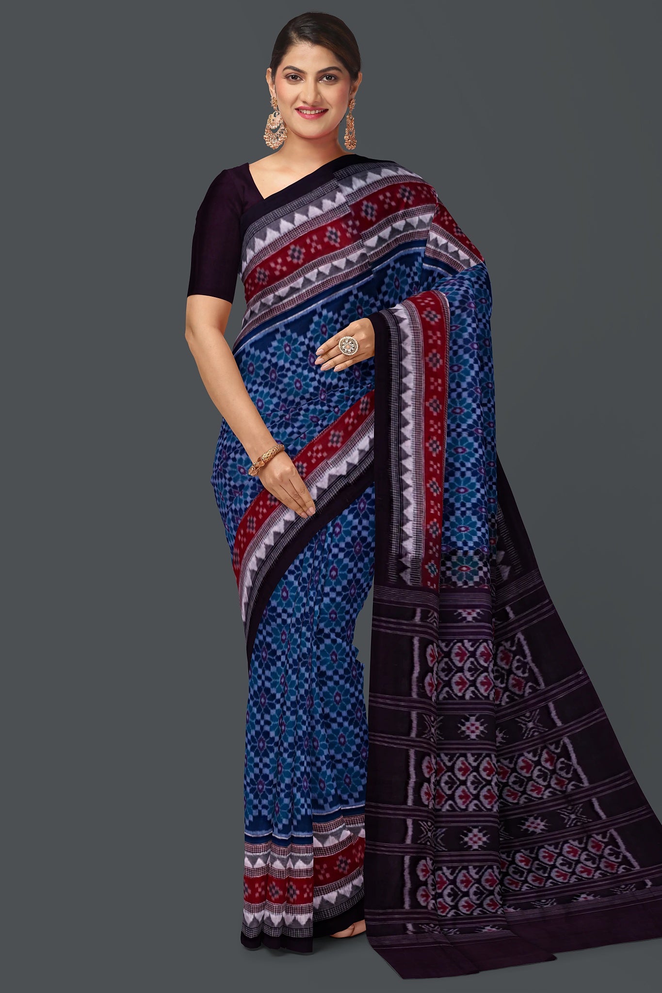 Royal Blue Double Border Bandha Saree