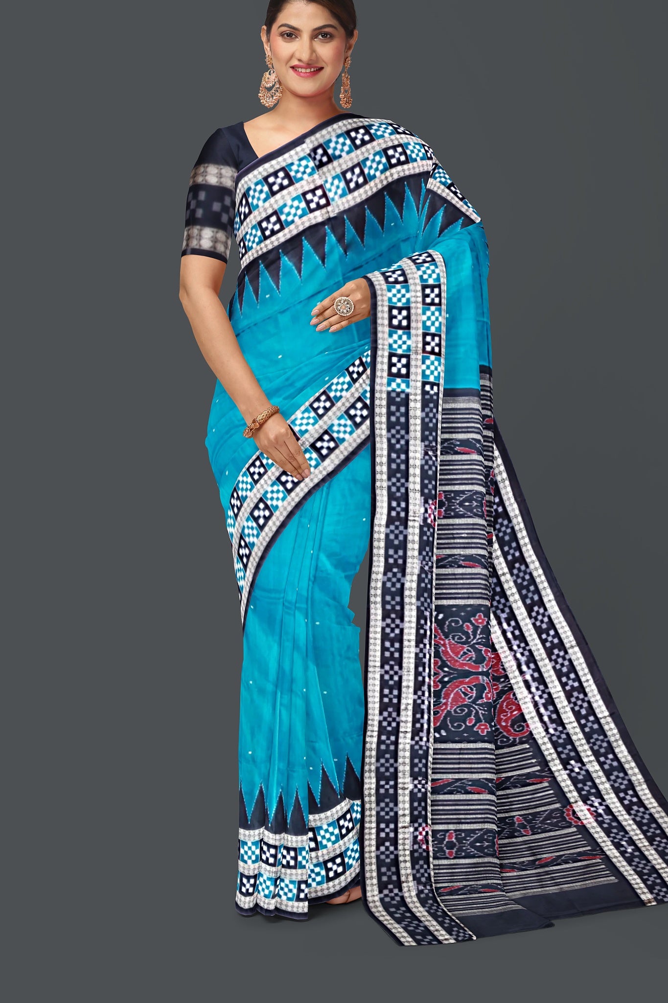 Dark Teal  Border Pasapalli Buti Bomkai Saree