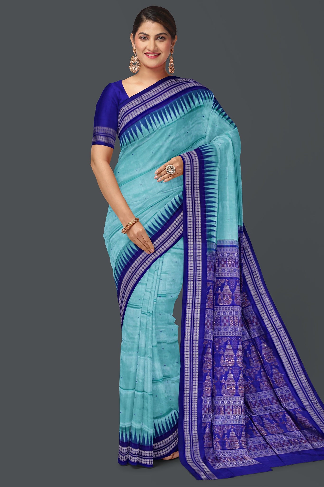 Dark Cyan Bomkai Butti Sambalapuri Saree