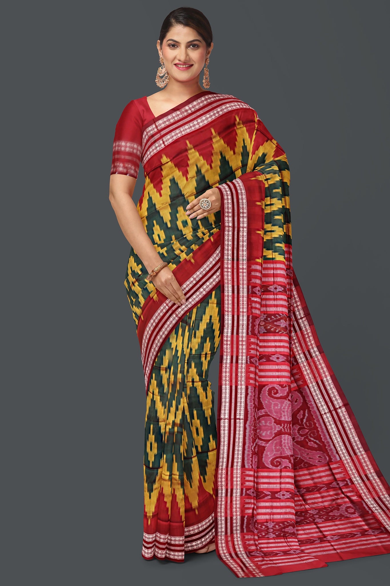 Deep Green Bandha Sambalapuri Silk Saree