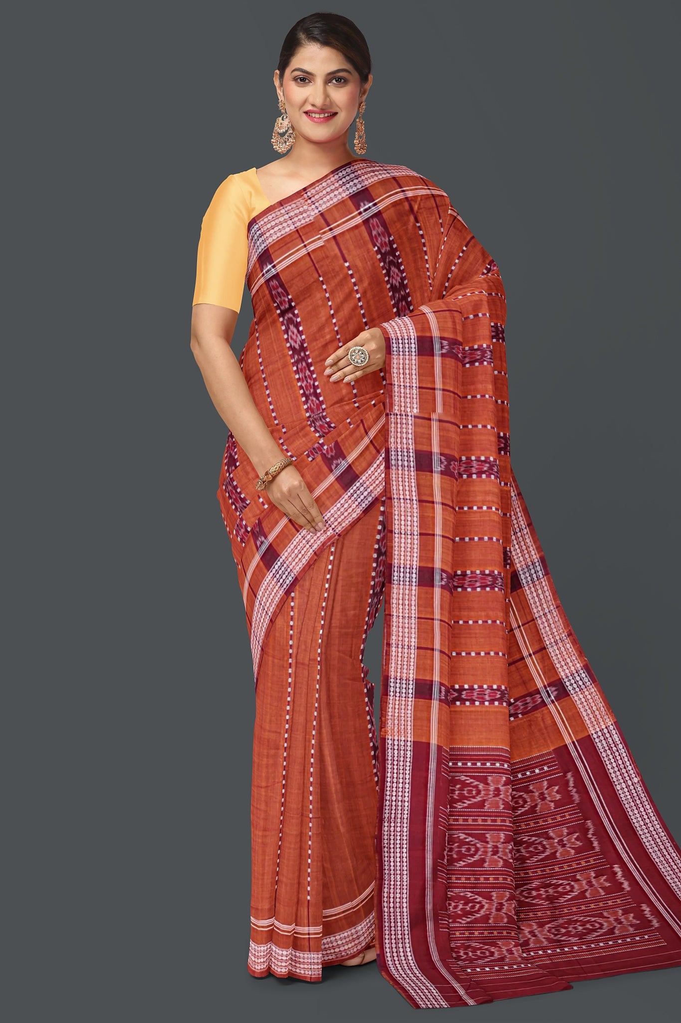 Brown And Maroon Bomkai Line Butti Saree