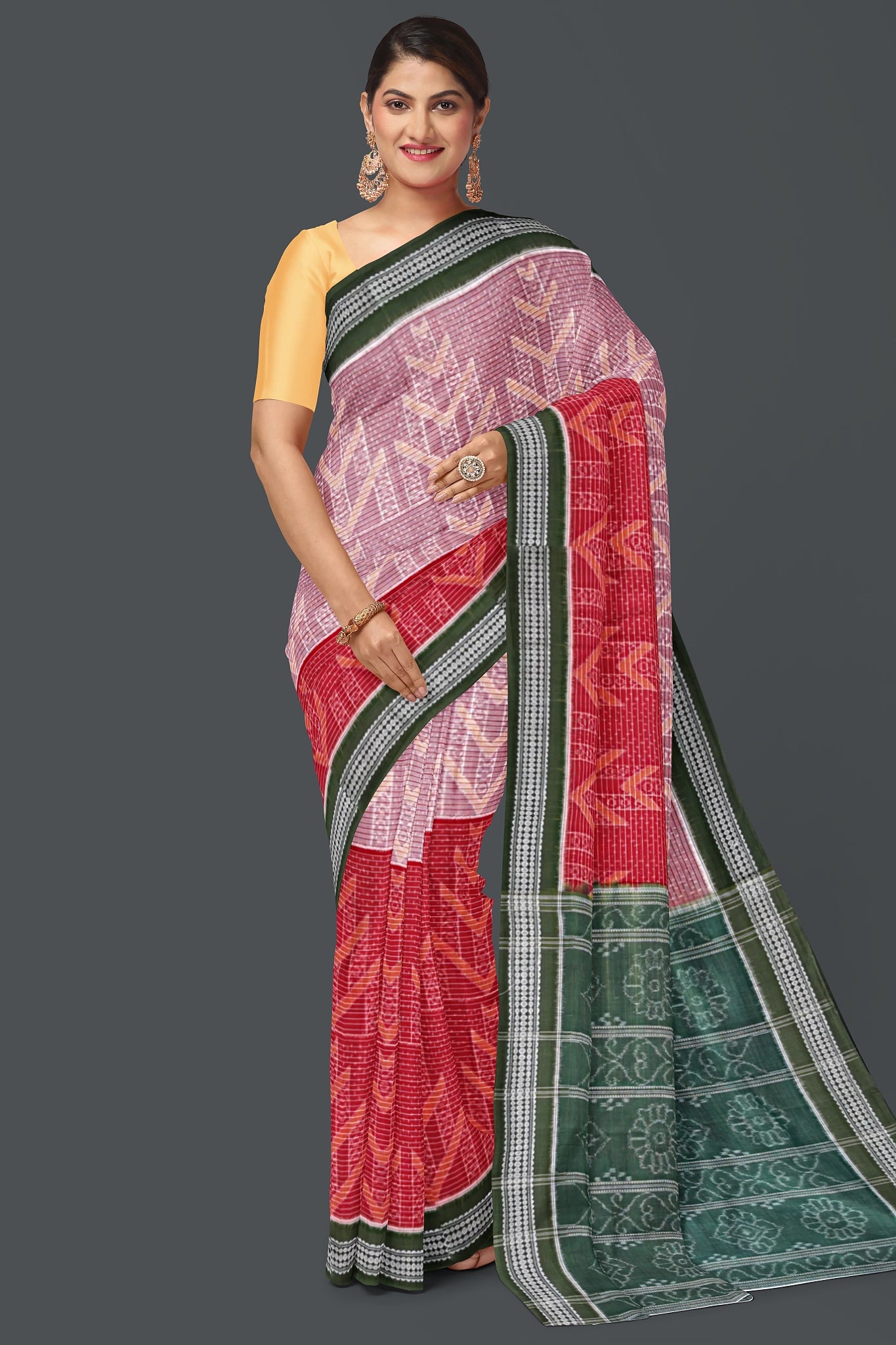 Red And White Body With Olive Green Body Bandha Saree(With Out Blouse)