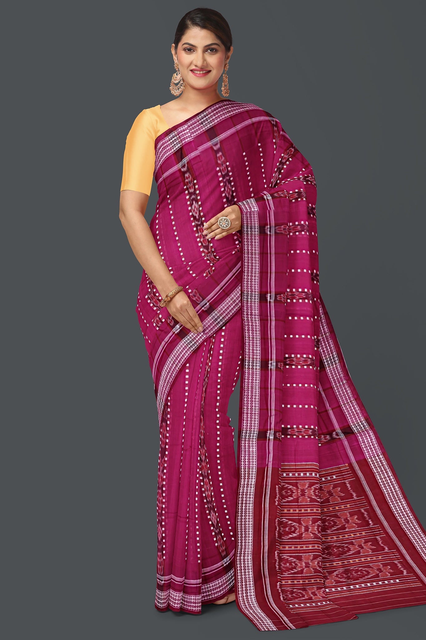 Deep Magenta Bomkai Line Butti Saree