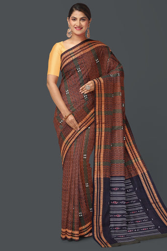 Olive Green And Brown Bomkai Line Butti Saree