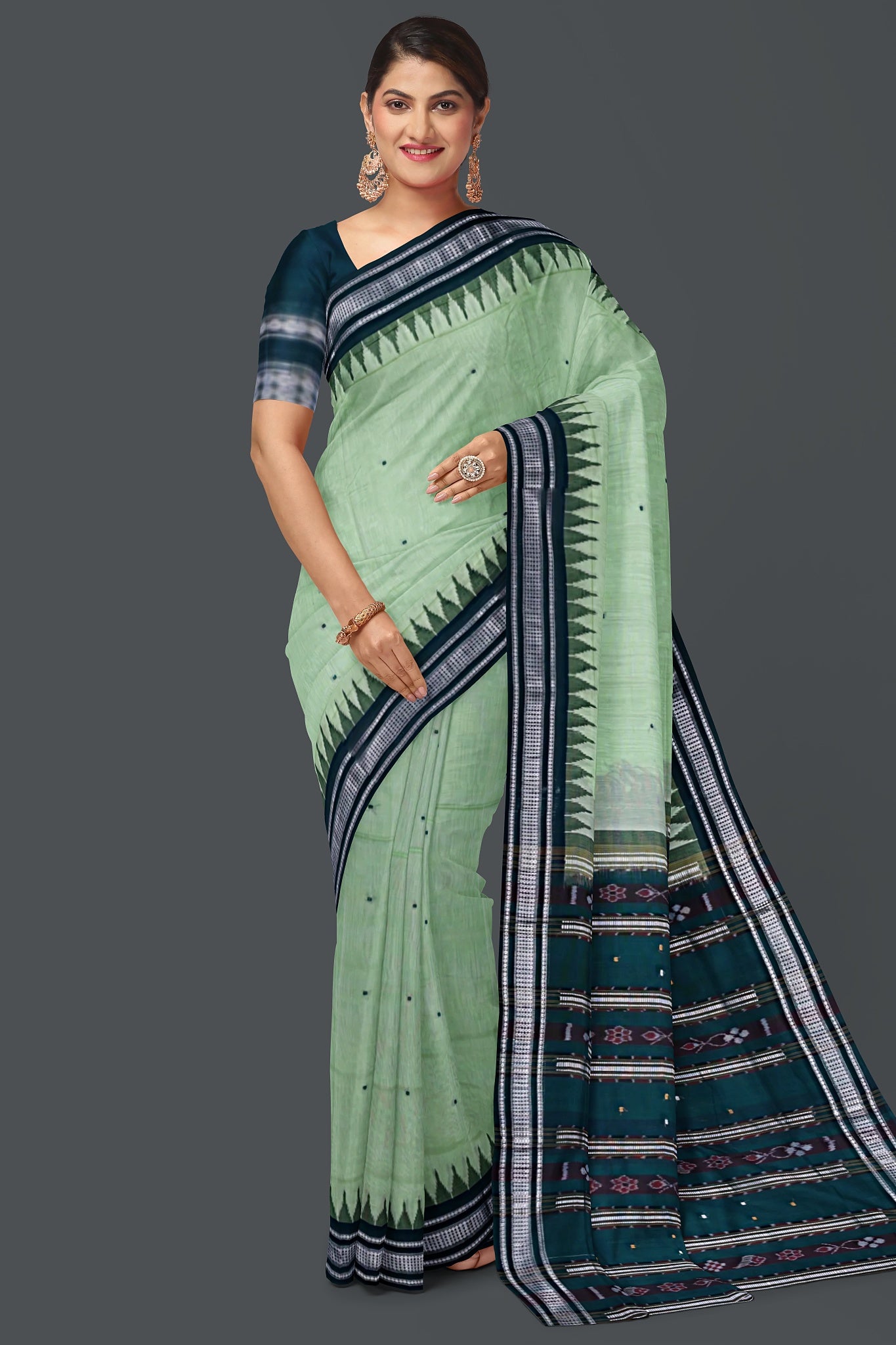 Light Green Temple Border Cotton Bapta Saree