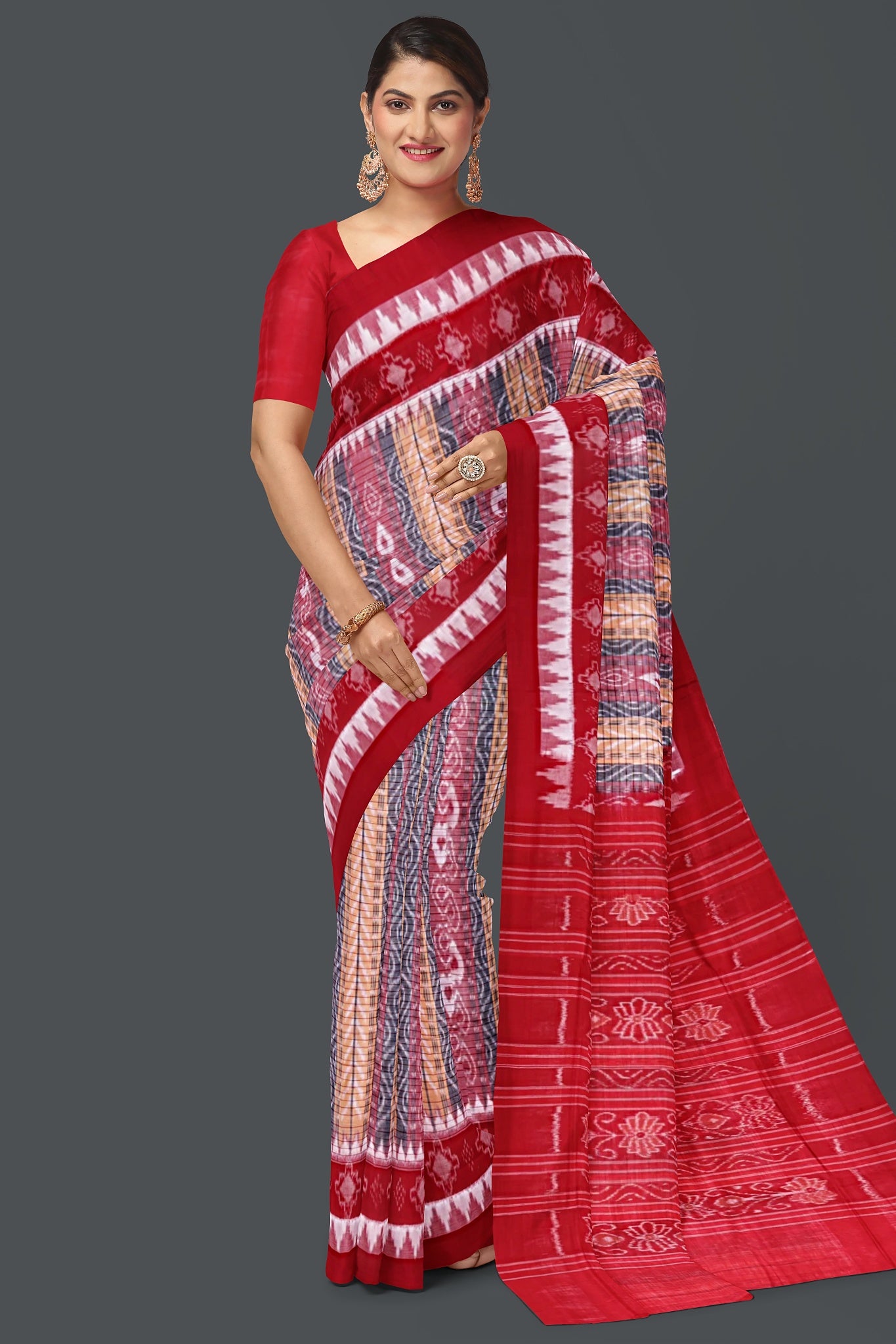 Yellow, Red And Black Body Bandha Saree